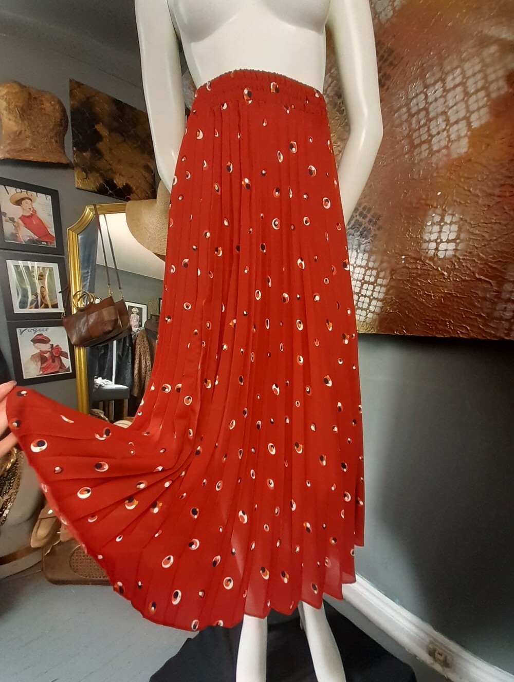 Vintage 1980s Rust Red Pleated Midi Skirt with Abstract Dot Print